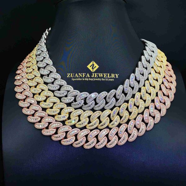 

custom made hip hop silver cuban link chains white gold plated baguette/emerald cut vvs moissanite diamond iced out cuban chain