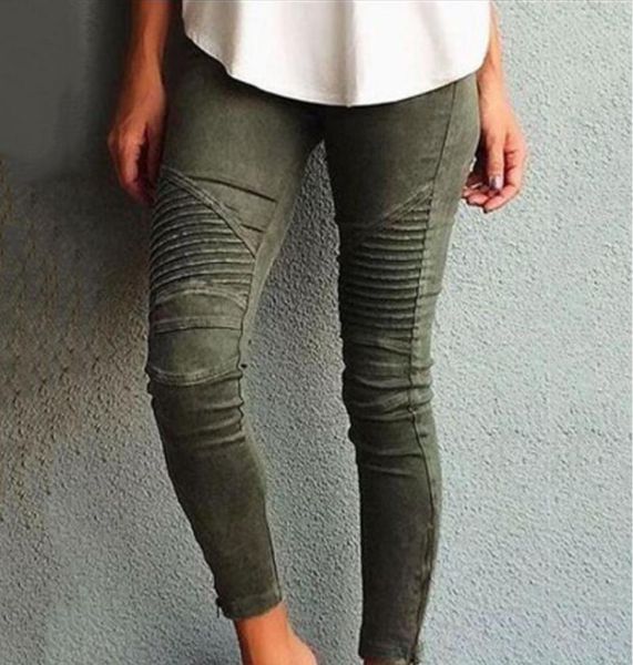 

europe america moto biker jeans women cotton washed vintage pleated pencil pants femme zipper high elasticity skinny trousers s1812356055, Blue