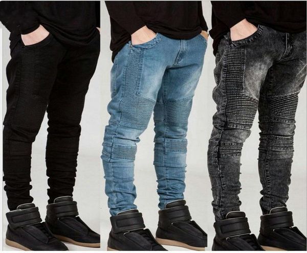 

mens new fashion jeans homme straight slim fit biker jeans pants denim trousers pleated male clothing9546915, Blue