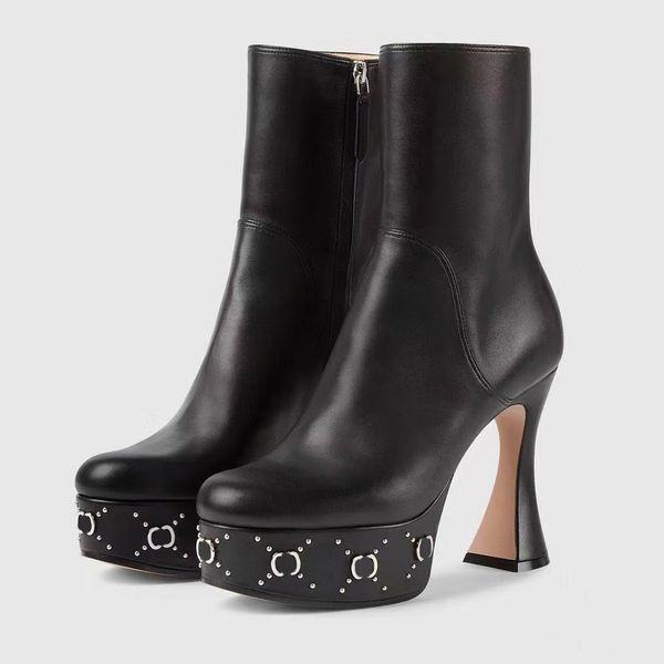 

women s platform boot wlth studs genuine leather round toes chunky heel fashion boots 14cm luxury designer zip ankle boots high-heeled knigh, Black
