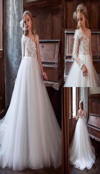 

fashion sequined a line flower girl dresses for wedding long sleeves beaded toddler one shoulder pageant gowns tulle sweep train f7690831, White;blue