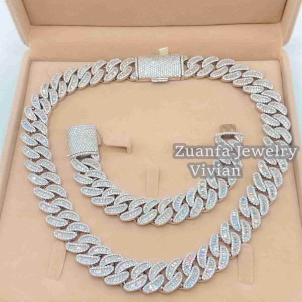 

18mm width baguette diamond chain sterling silver 925 gold plated d color vvs moissanite jewelry cuban necklace