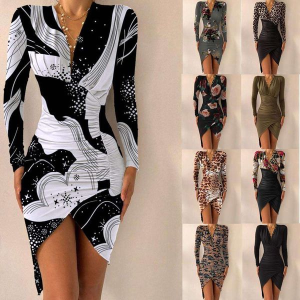 

autumn winter long sleeve v neck print skinny split dress womens wear, Black;gray