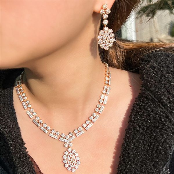 

luxurious 2pc/sets champagne gold designer jewelry set necklace earring for woman white aaa cubic zirconia diamond bride wed engagement neck, Silver