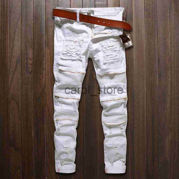 

men's jeans skinny jeans men white ripped knee zipper fashion casual slim fit biker jeans hip hop destroy stretch denim pants motorcycl, Blue