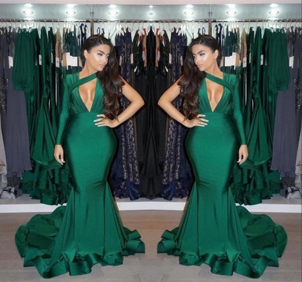 

dark green one shoulder mermaid prom dresses 2020 long sleeve ruched sweep train formal party evening gowns47975712199341, Black