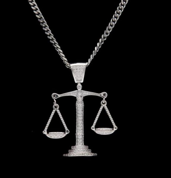 

wholeiced out zircon balance libra scale pendant bling charm white gold copper material mens hip hop pendant necklace chain8484823, Silver