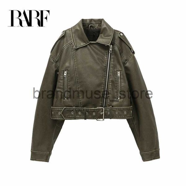 

women's jackets rarf 2023 new style women's washed leather jacket with belt short coat with downgraded zipper and vintage lapel ja, Black;brown