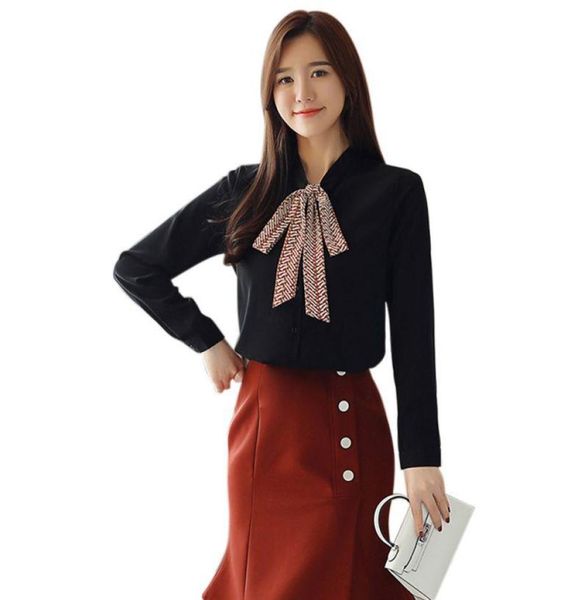 

fashion chiffon shirt summer blouse women long sleeve shirts bow office ladies whole women039s blouses 7278779, White