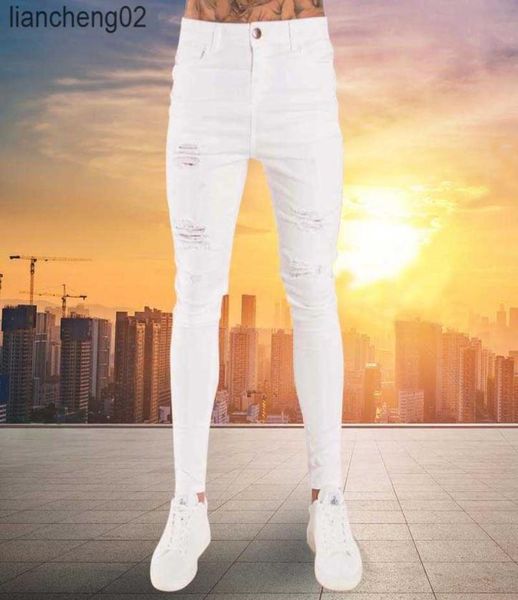 

men039s jeans 2021 new mens jeans hip hop white moto skinny ripped pure color elastic denim pants male casual waistline jogging8294282, Blue