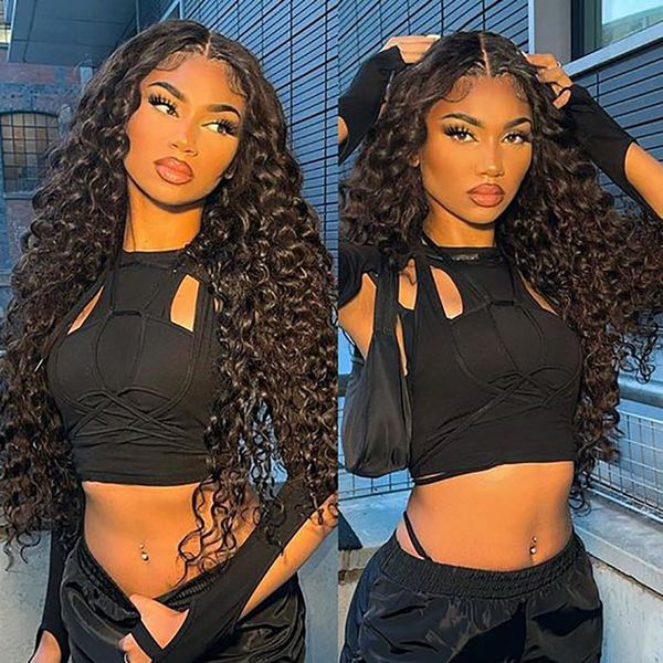 

Deep Wave Lace Front Human Hair Wigs Brazilian 13x6x1 HD Transpare Lace Frontal Curly Wave Human Hair Wig for Woman Human Hair, Black