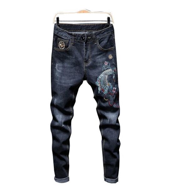 

new style stretch jeans 2020 men039s embroidered carp dark blue slim tide pants autumn winter streetwear holes patchwork ripped6689216