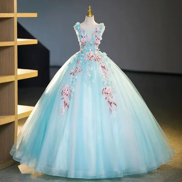 

ice blue arabic ball gown prom dresses sheer neck long 3d flowers floor length pears beads formal dresses evening party wear luxury shiny go, Black;red