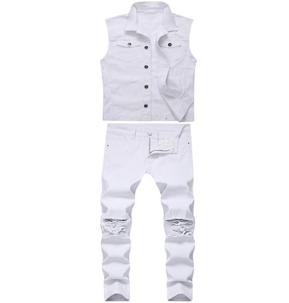 

men039s white twopiece suit fashion tracksuits slim frayed lapel denim vest skinny ripped pants spring sumer autumn mens jea3175809, Gray