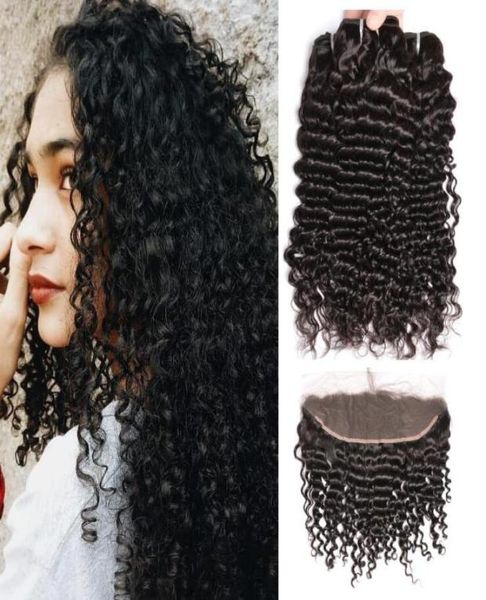 

brazilian peruvian virgin curly wave human hair bundles with lace frontal deep indian mongolian curly wave human hair weaves4638893, Black