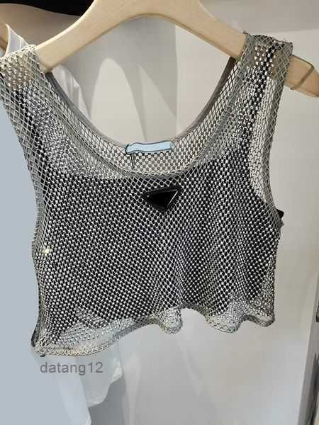

triangle badge p-letter baroque women vest tanks fashion black mesh t shirt satin shinning diamond sling camis gift for girls clothing vtx5, White
