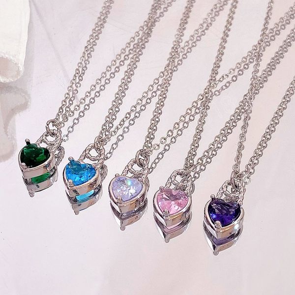 

fashion colorful crystal heart stone pendant necklace for women girls new bohemian simple chains short collar necklace, Silver