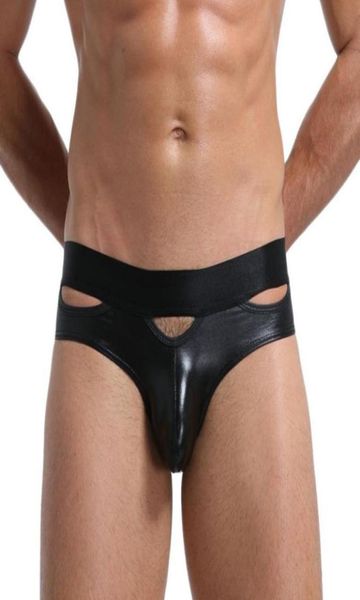 

underpants men pu leather brief shiny underwear hollow out gstring thongs erotic lingerie nightclub stage wear male bulge pa8446004, Black;white