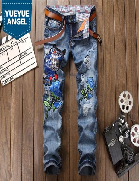 

mens designer hole ripped jeans fashion embroidery animal blue denim trousers spring autumn zip straight jeans1170431
