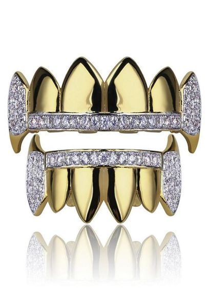 

gold grillz jewelry hip hop dental grills fashion exquisite glaring zircon 18k gold plated 2piece set teeth braces1598534, Black