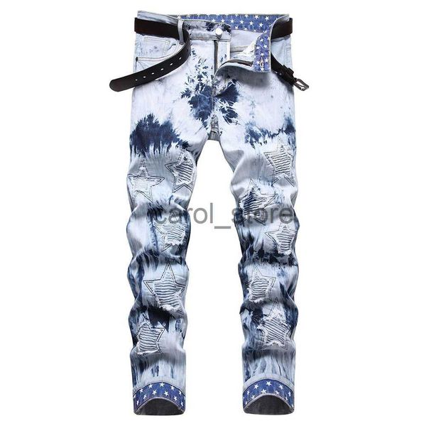 

men's jeans men pleated stars patch jeans tie and dye stretch denim pants streetwear printed hem slim straight trousers j230806, Blue