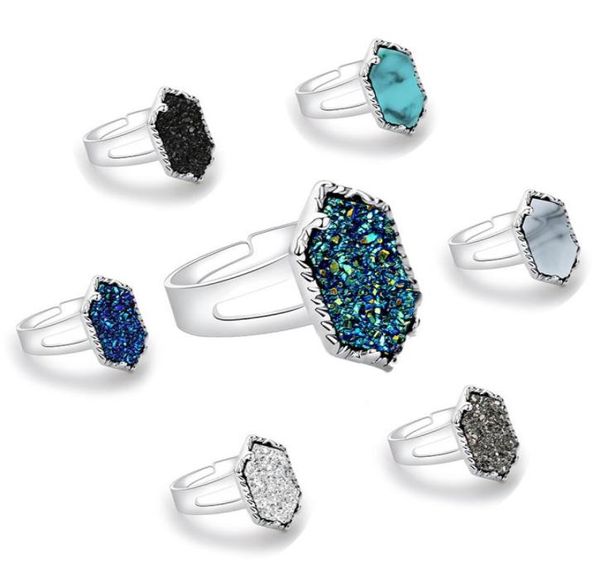 

diamond cluster ring electroplated silver alloy ring druzy drusy natural stone love claw inlay jewelry christmas gift2132004, Golden;silver