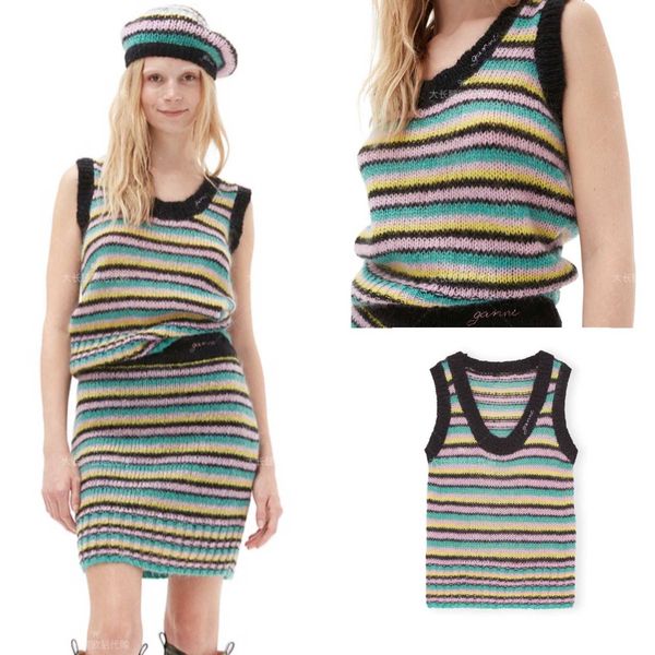 

23ss designer vest classic embroidery color blocking stripe u neck stripe casual knitwear gannis fashion women vests loose, Black;white