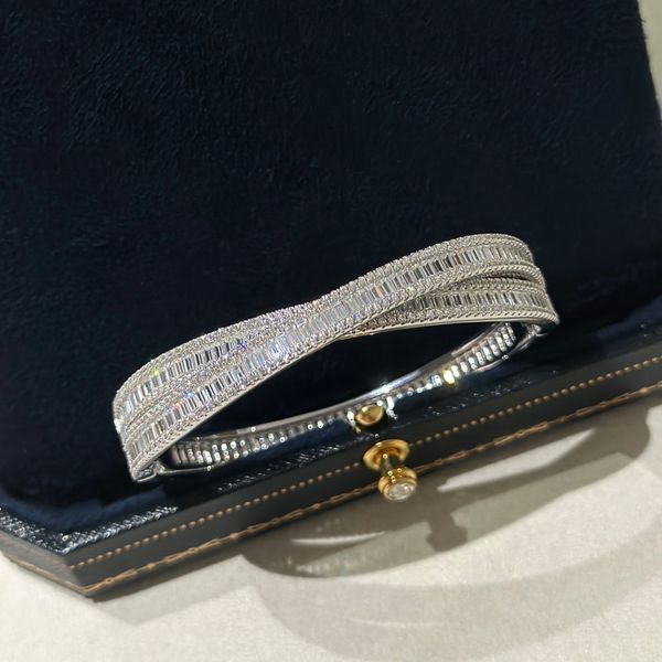

luxury bangle harry w brand designer s925 sterling silver full zircon crystal engraved double layer cross cuff bangle bracelet for women wed, Black