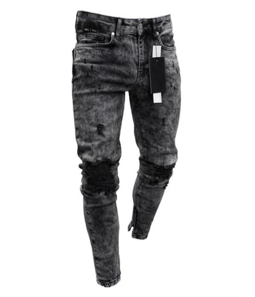 

mens skinny jeans mens ripped frayed slim fit denim pencil pants hip hop dark gray streetwear pleated casual trousers jeans44589647374161, Blue