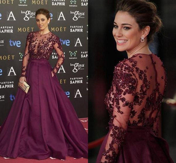 

red carpet dresses evening wear sheer necklines illusion bodice formal prom dress with beads appliques long sleeves evening gowns4010432, Black;red