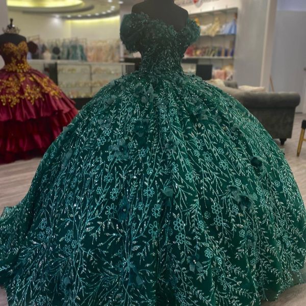 

emerald green shiny quinceanera dresses ball gown 3dflower applique crystal sweet 16 dresses birthday party dress, Blue;red