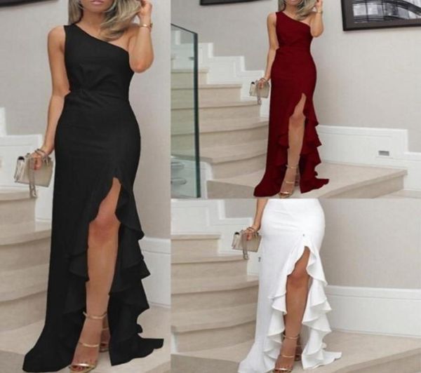 

new summer women dress one shoulder ruched ruffle formal evening party dress slim maxi long dresses vestidos6812234, Black;gray