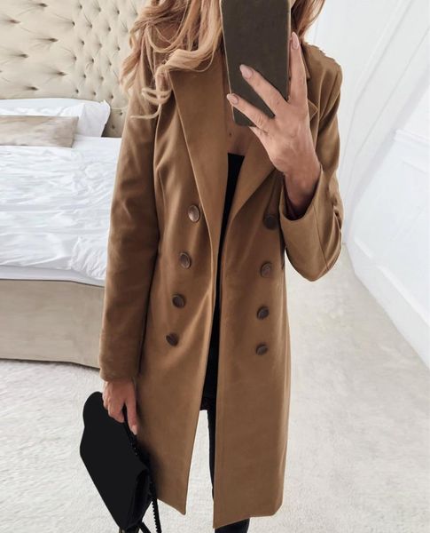

women blend coat basic kakhi doublebreasted midlong blend pea coat solid color woolen autumn winter female jacket 7496333, Black