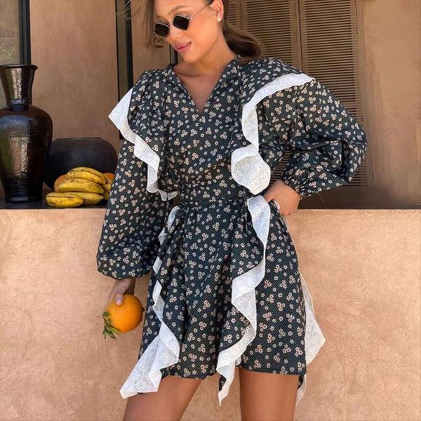 

spring and summer items flounder patchwork long sleeve print dress fashioned a line for women, Black;gray