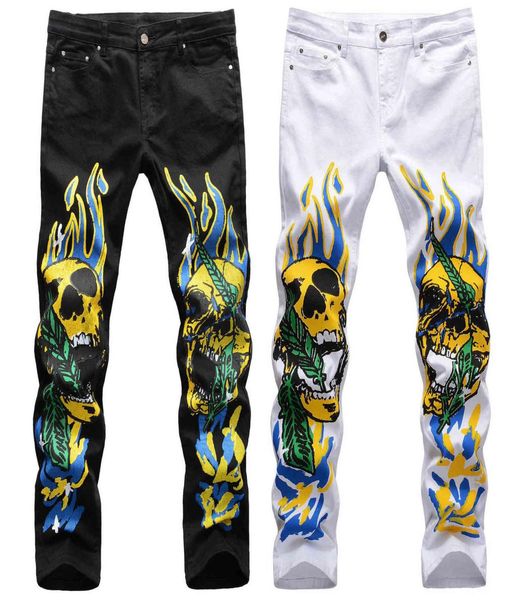 

trendy skull flame printed jeans men straight black white slim jeans trousers fashion hip hop party dj masculina jeans pants x06219758062, Blue