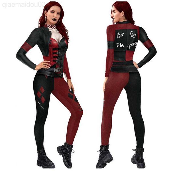 

theme costume halloween cosplay comes cos clown jumpsuit print slimming skinny bodysuit for women devil roleplay outfit l230804, Black;red