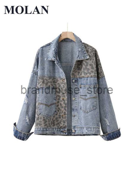 

women's jackets molan leopard woman denim jacket vintage autumn coat long sleeve singal breasted casual jean outwear female chic j23080, Black;brown