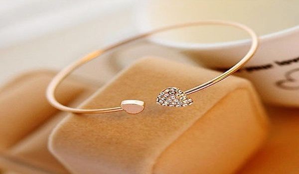 

women girl simple style gold tone rhinestone love heart bangle cuff bracelet color gold4434228, Black