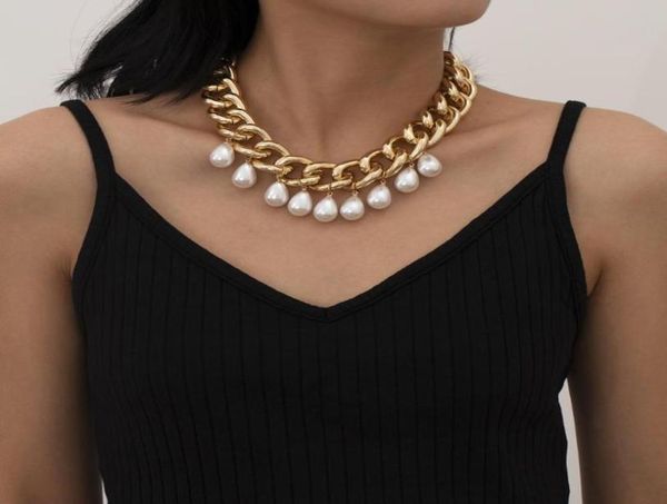 

punk imitation pearl pendant necklace curb cuban thick link chain necklaces choker for women girls jewelry gifts charm8508066, Silver
