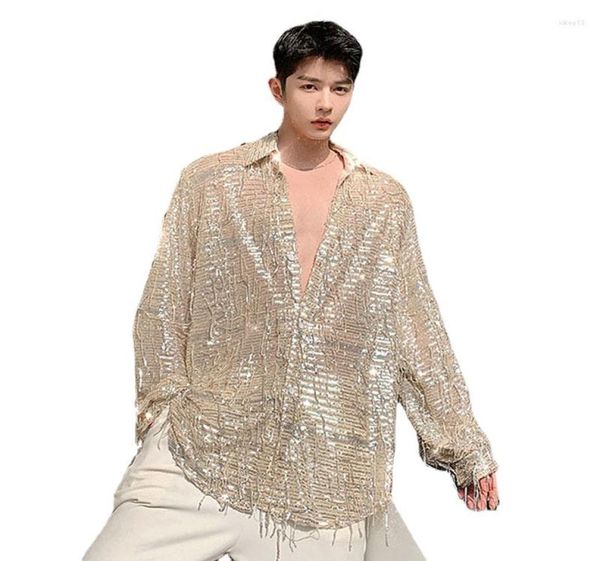 

men039s casual shirts men see through long sleeve tassel sequins shirt male retro fashion streetwear loose dress stage show clo2327751, White;black