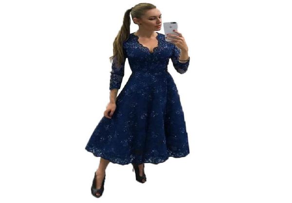 

2020 modest navy blue tea length prom dress 34 long sleeves v neck a line sequin lace evening party pageant gowns formal dr8883169, Black;red