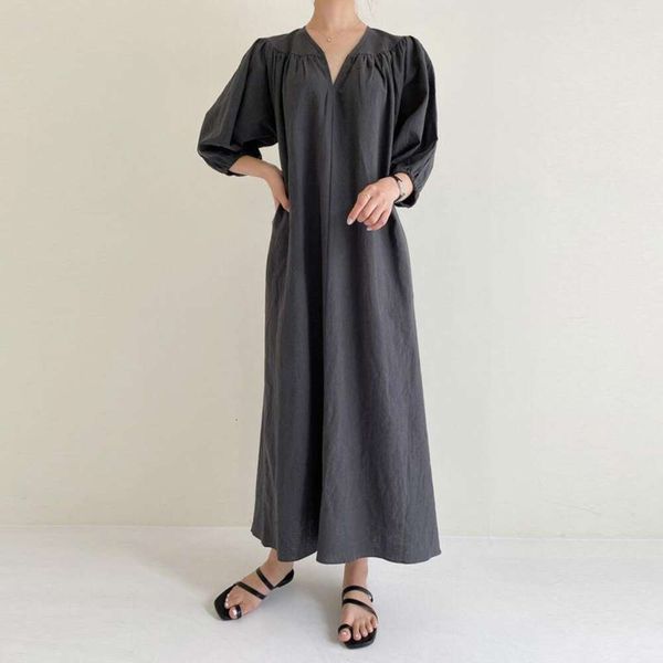 

summer korean style fashionable chic loose large casual long cotton linen dress for women, Black;gray