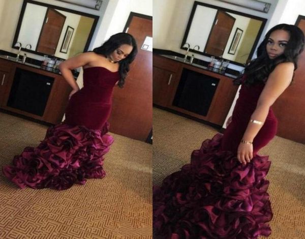 

2019 strapless mermaid prom dresses burgundy satin zipper back cocktail party gowns tiered skirts formal evening dresses custom ma5213988, Black