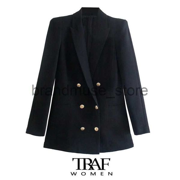 

women's jackets traf women fashion double breasted office wear blazer coat vintage long sleeve welt pockets female outerwear chic veste, Black;brown