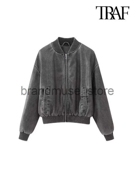 

women's jackets traf women fashion with pockets faded-effect bomber jacket coat vintage long sleeve front zipper female outerwear chic, Black;brown