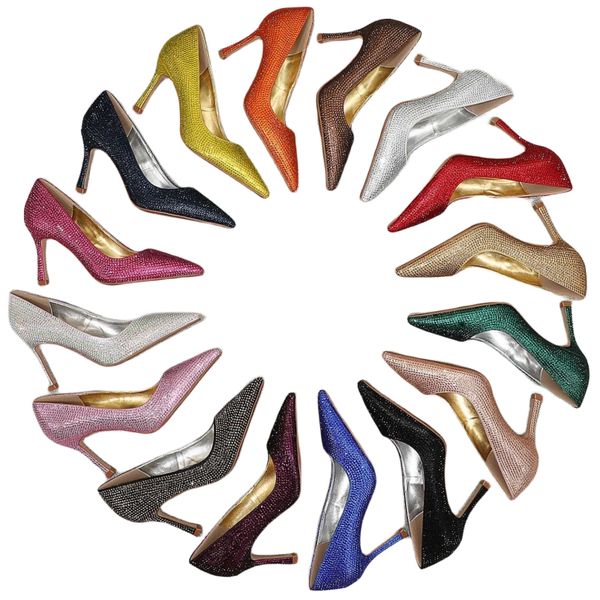 

sandals leather high heels luxury women's party shoes shining diamond wedding shoes pointed toe dress shoes solid color shoes stiletto, Black