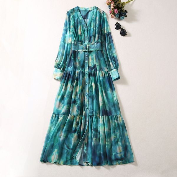 

show style dress, early autumn 2023, new european and american style v-neck, long sleeved, fashionable printed belt, waist up, large swing d, Black