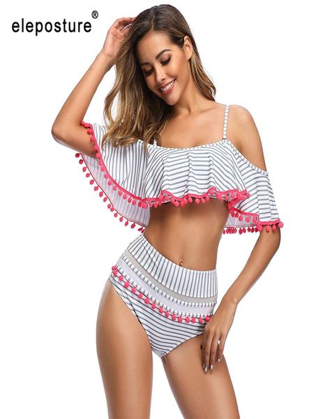 

2020 off the shoulder bikinis women swimsuit high waist ruffle bikini pompom swimwear bathing suit beach wear swimming suit7828625, White;black