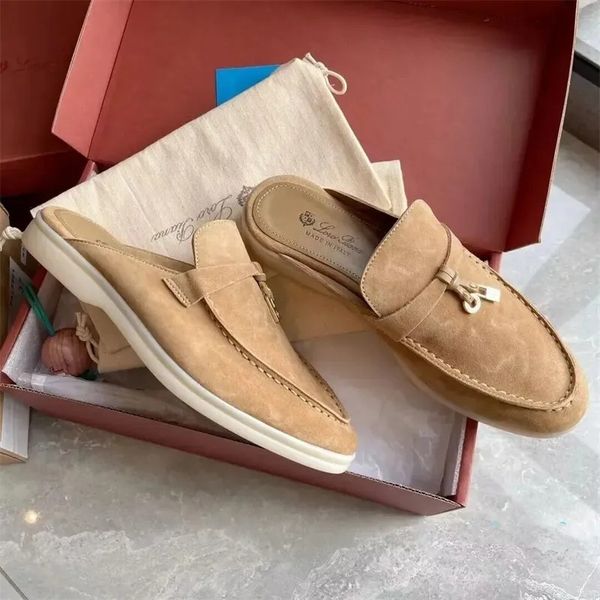 

for womens loro piana casual slippers classic sandals loafers shoes flat slides slipper designers high elastic beef tendon bottom size 36-46, Black