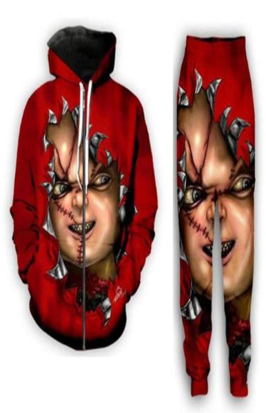 

2021 new fashion menwomen halloween terror movie chucky zipper hoodie and pants twopiece fun 3d overall printed tracksuits6618634, Gray